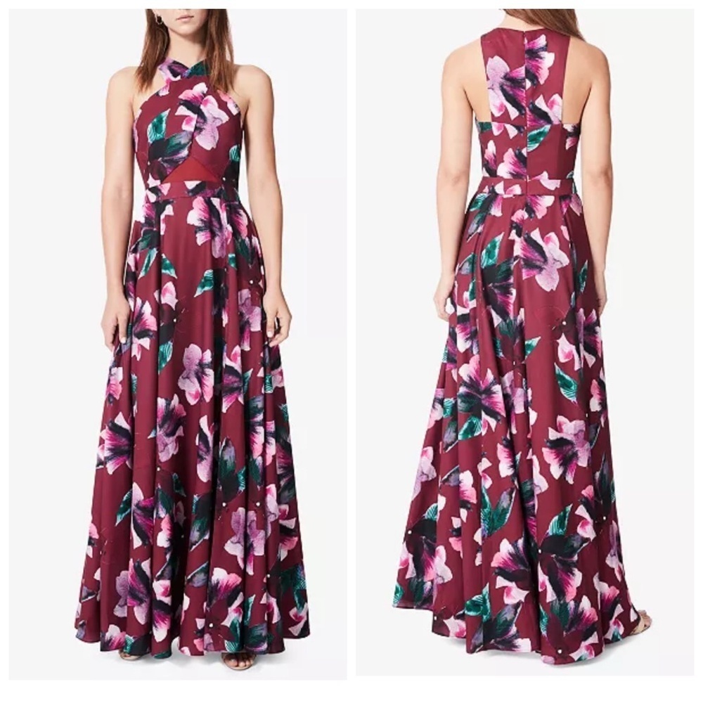 ✅ NWT Fame and Partners maroon red Floral-Print A-Line Maxi Gown size 2